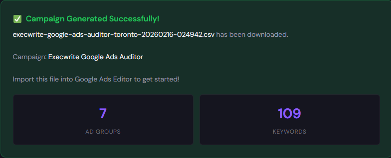Campaign generator preview showing ad group structure and keyword lists