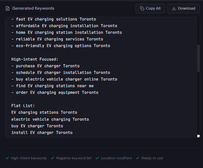 Keyword generator output list with modifiers and negatives